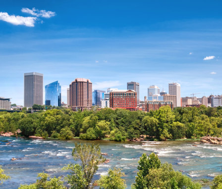 Downtown Richmond, Virginia, overlooking the James River on a beautiful summer day.